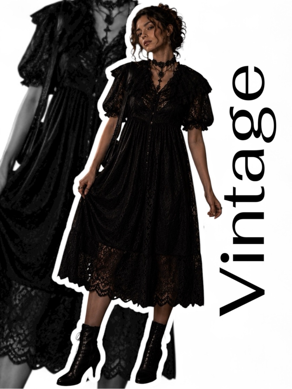 Vintage 70s Black Lace Cape Nightgown Whimsigoth Gothic Victorian Grunge